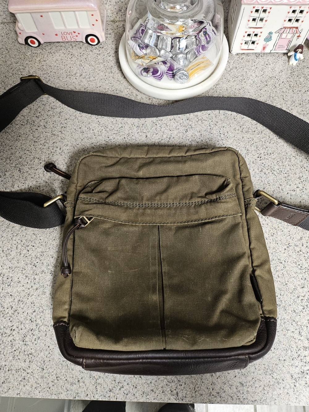 Fossil Olive Green Canvas Messenger Crossbody with Brown Trim